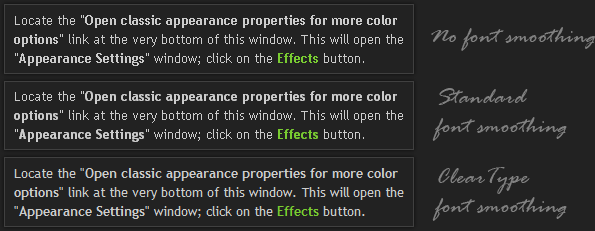 Font smoothing options and anti-aliasing in Windows Vista
