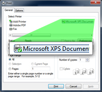 Windows 7 automatically selects your default printer in the "Print" dialog