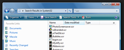 Searching for screensavers in Windows Vista