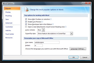 Word 2007 Options and Settings (Word 2007 Preferences)